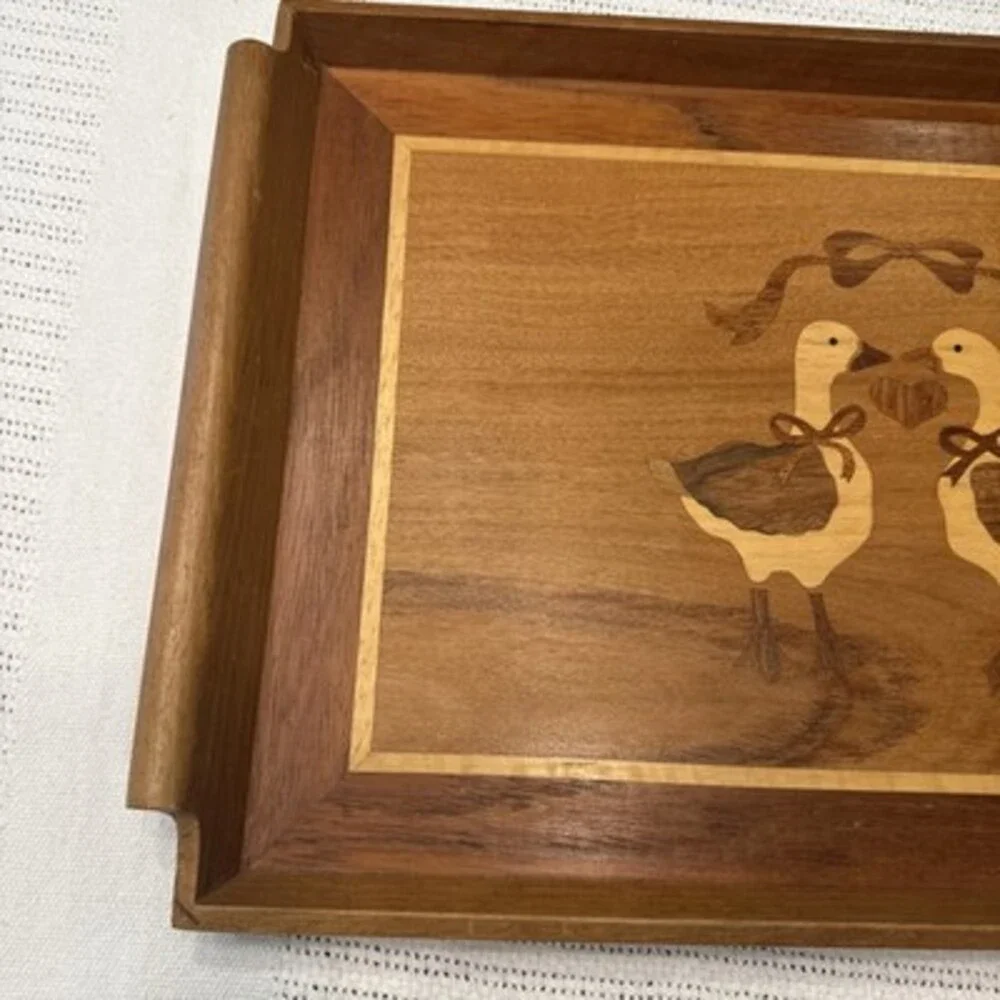 Vintage Mahogany/Teak Wood Serving Tray 19 X 12 Geese Heart Inlayed